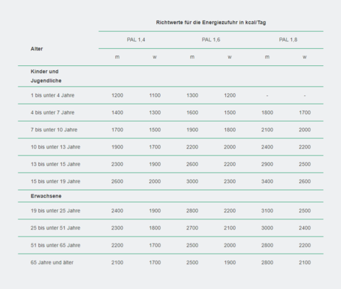Tabelle Richtwerte für die Energiezufuhr in kcalTag